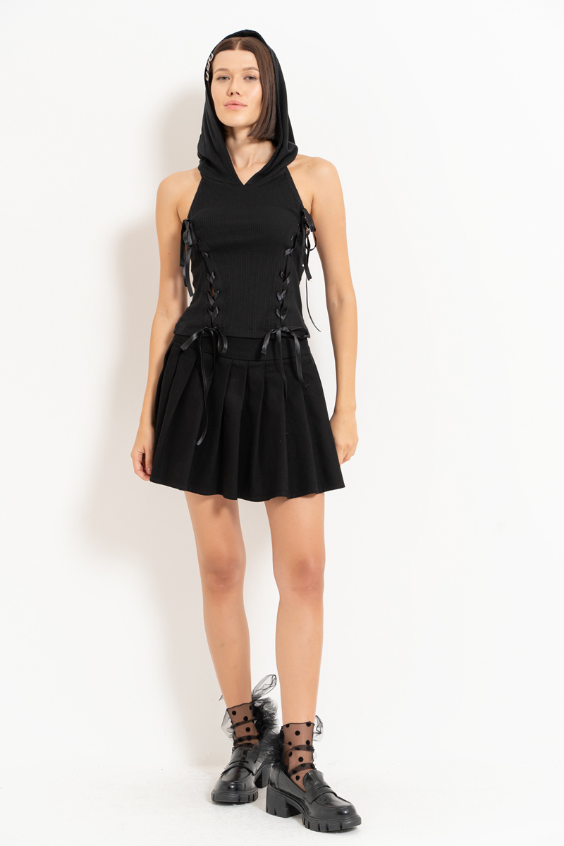 Siyah Kapişonu Kulak Detaylı Kaşkorse Bluz