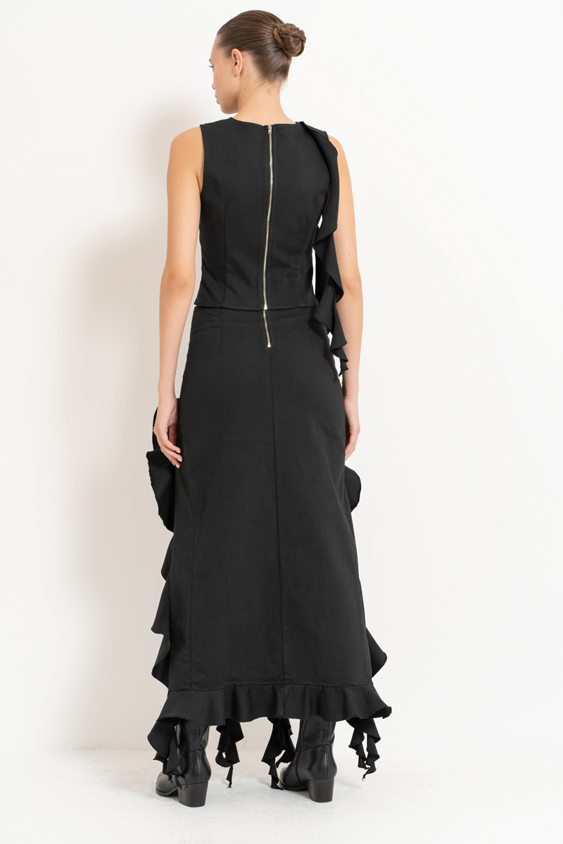 Siyah Fırfır Detaylı Kolsuz Bluz & Etek Takım