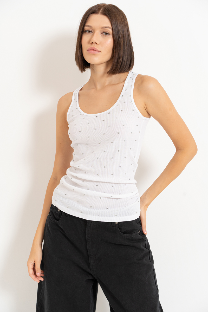 Beyaz Taşlı Kolsuz Bluz