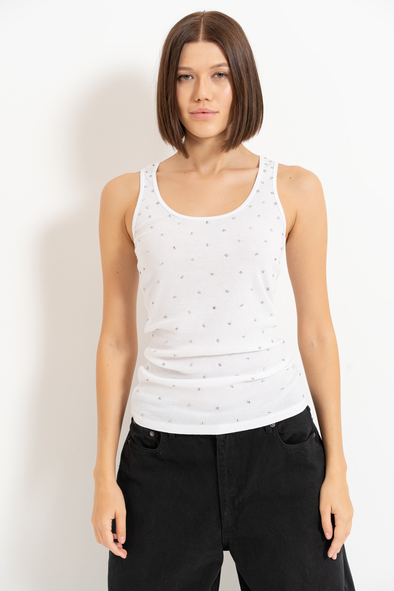 Beyaz Taşlı Kolsuz Bluz