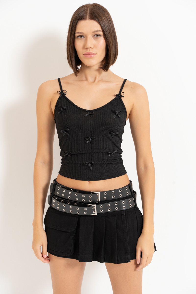 Black Pleated Denim Mini Skirt with Pocket
