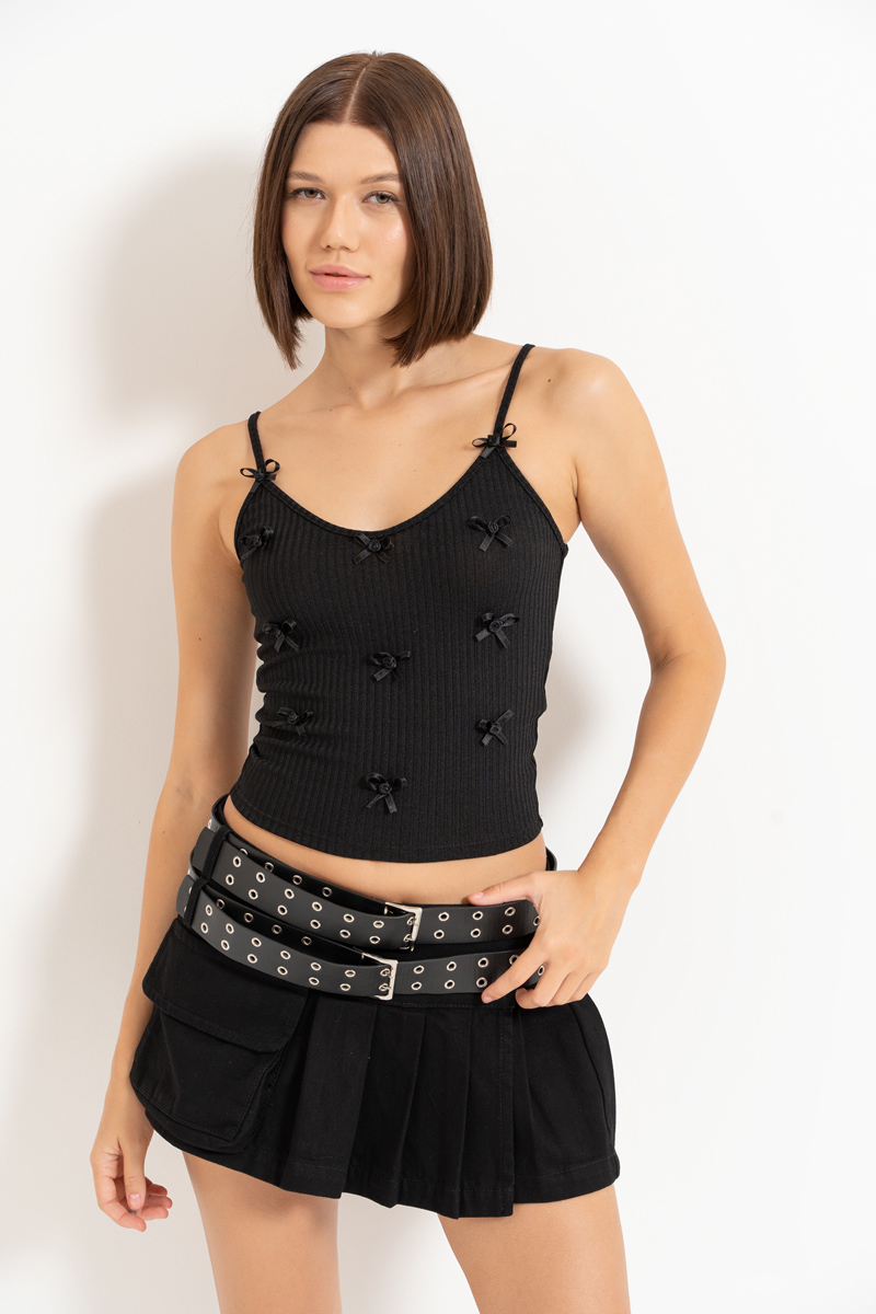 Black Pleated Denim Mini Skirt with Pocket