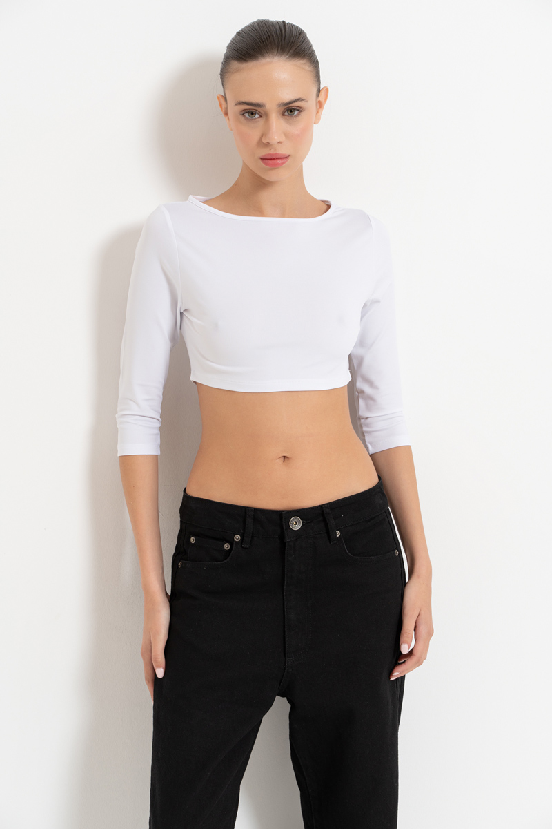 Beyaz Truvakar Kollu Crop Top