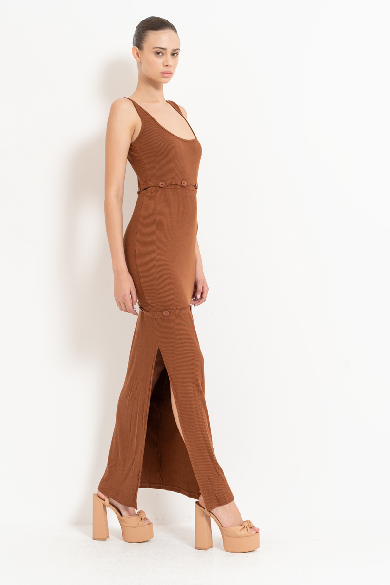 Taba Düğme Detaylı Maxi Elbise