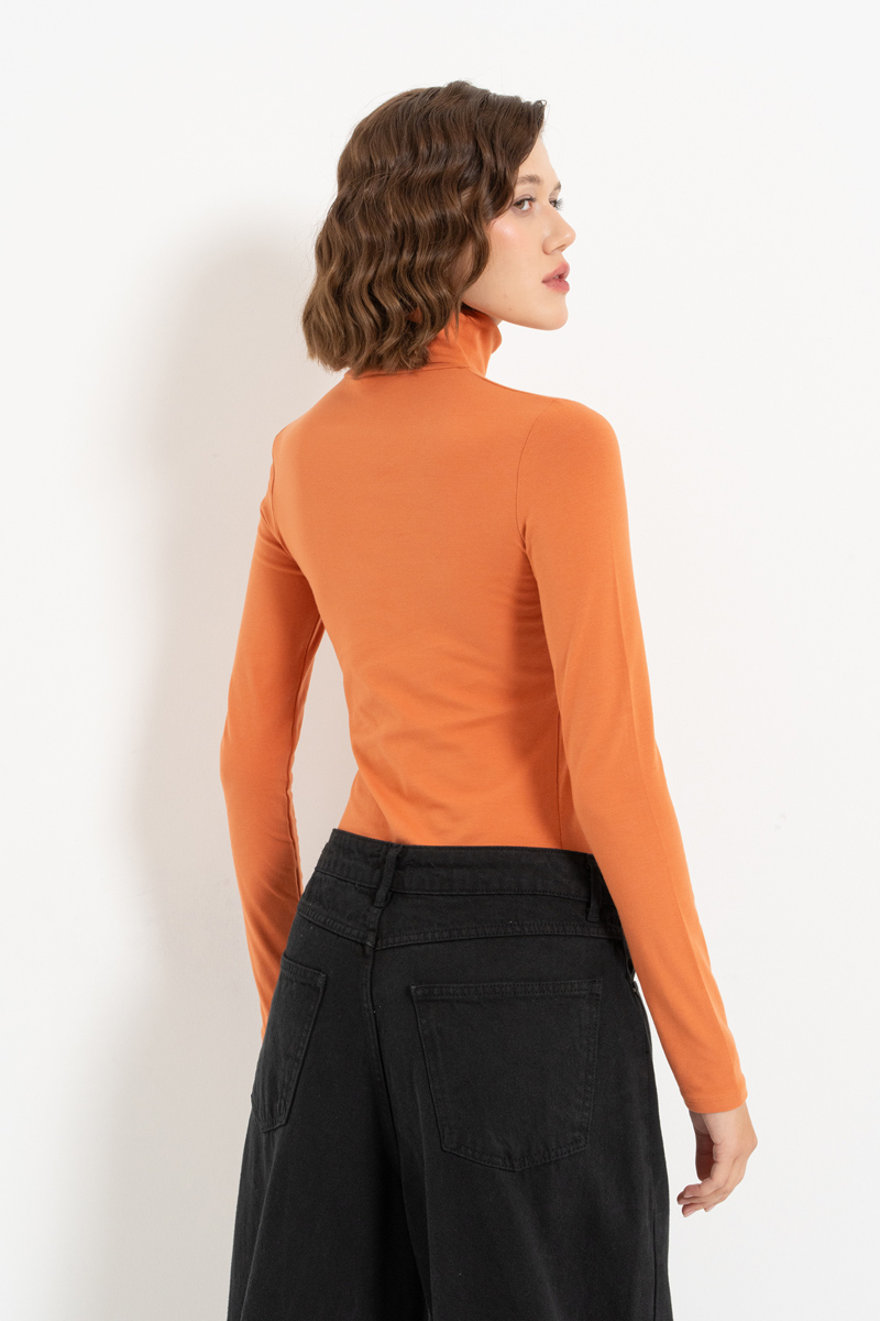 Long Sleeve Roll Neck Cotton Ochre Blouse