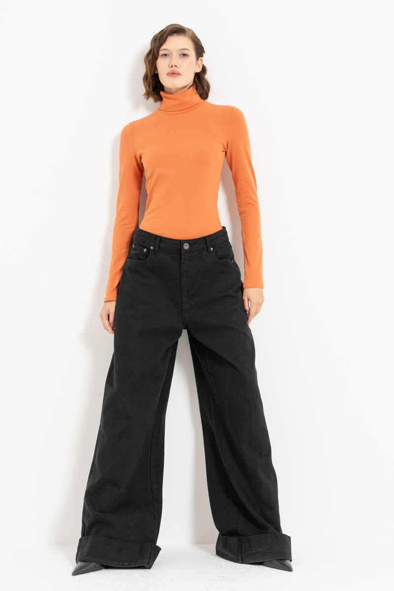 Long Sleeve Roll Neck Cotton Ochre Blouse