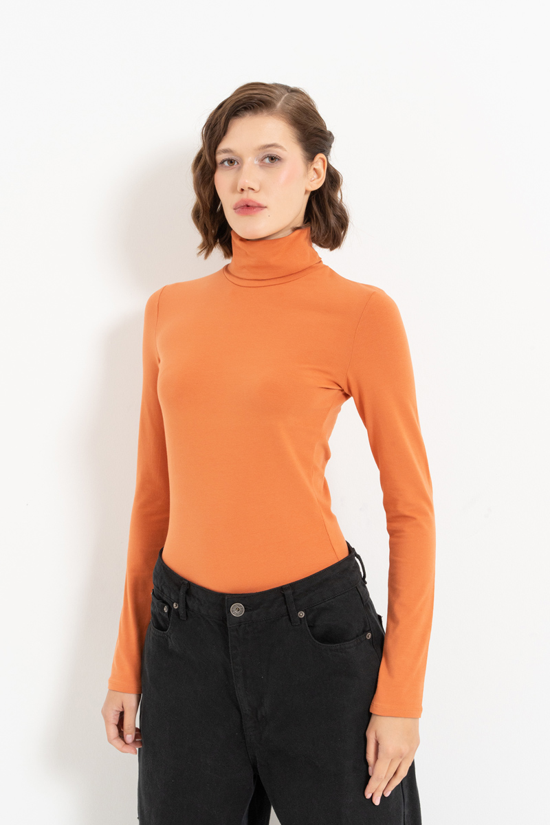 Long Sleeve Roll Neck Cotton Ochre Blouse