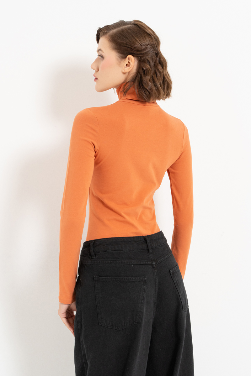 Long Sleeve Roll Neck Cotton Ochre Blouse