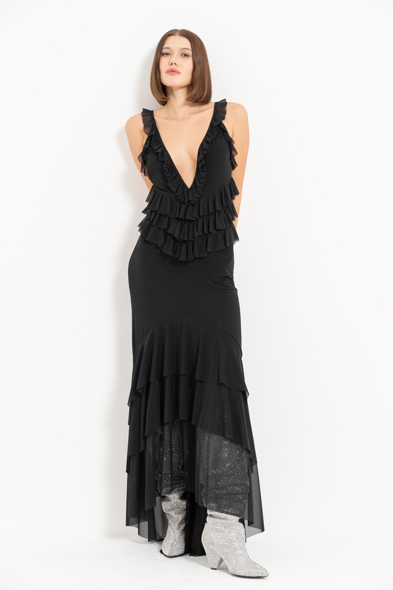 Siyah Askılı Fırfır Detaylı Uzun Elbise