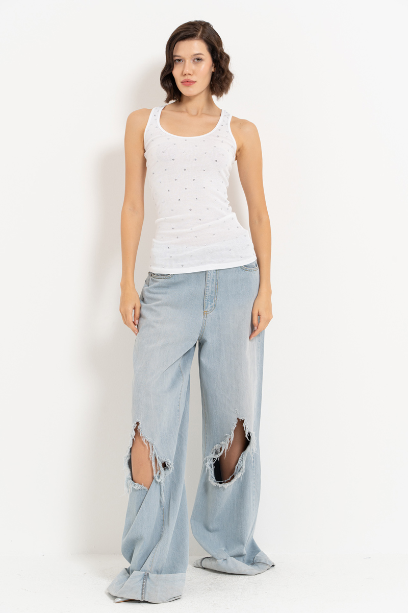 Beyaz Taşlı Kolsuz Bluz