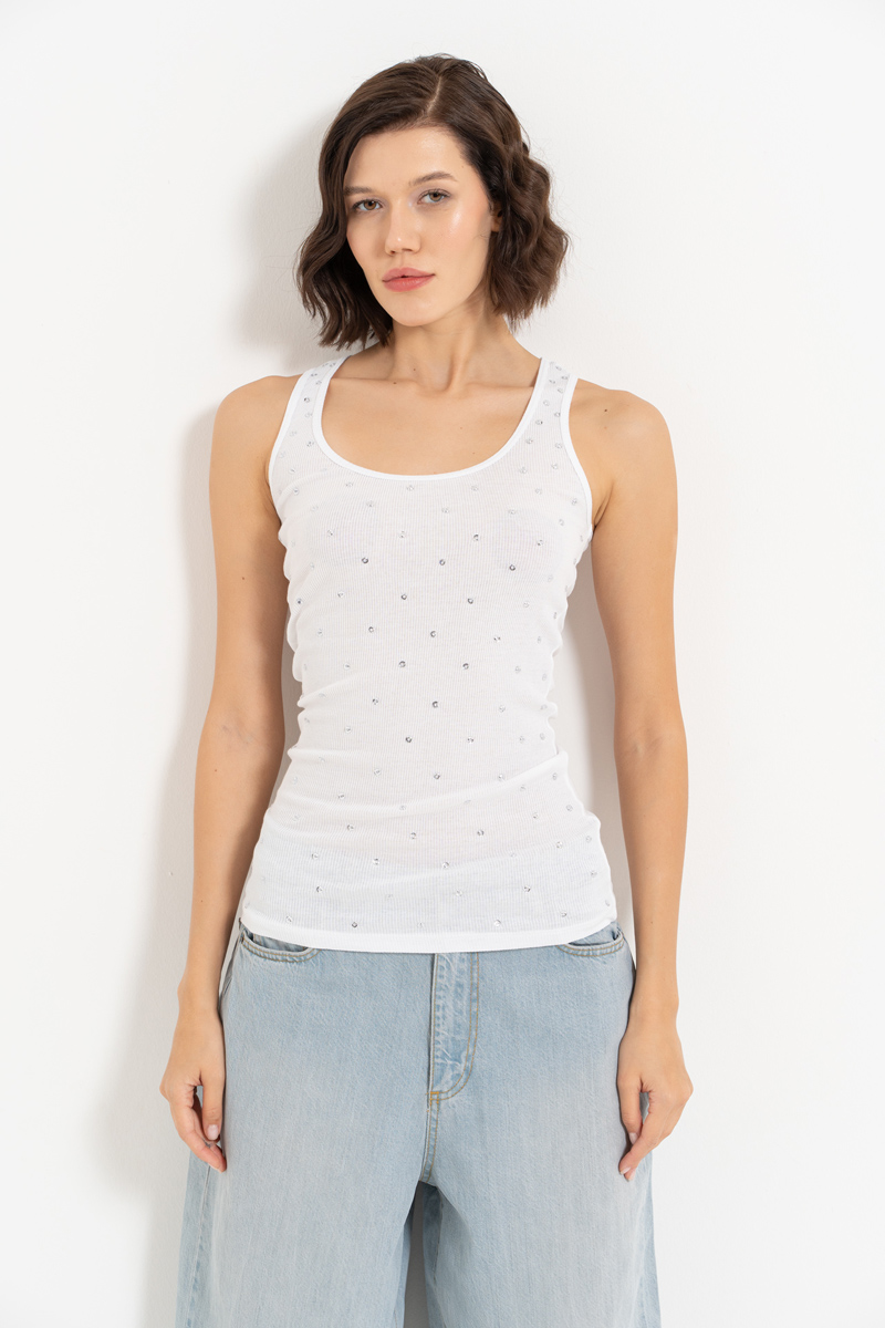 Beyaz Taşlı Kolsuz Bluz