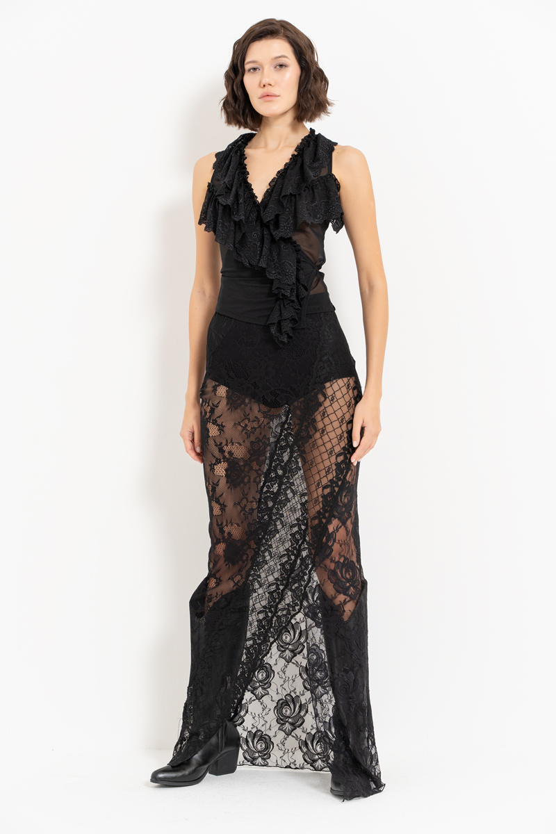 Siyah Beli Lastikli Dantel Etek