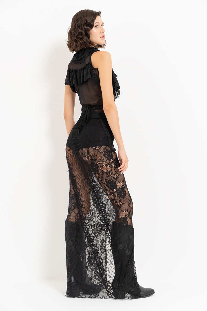 Siyah Beli Lastikli Dantel Etek