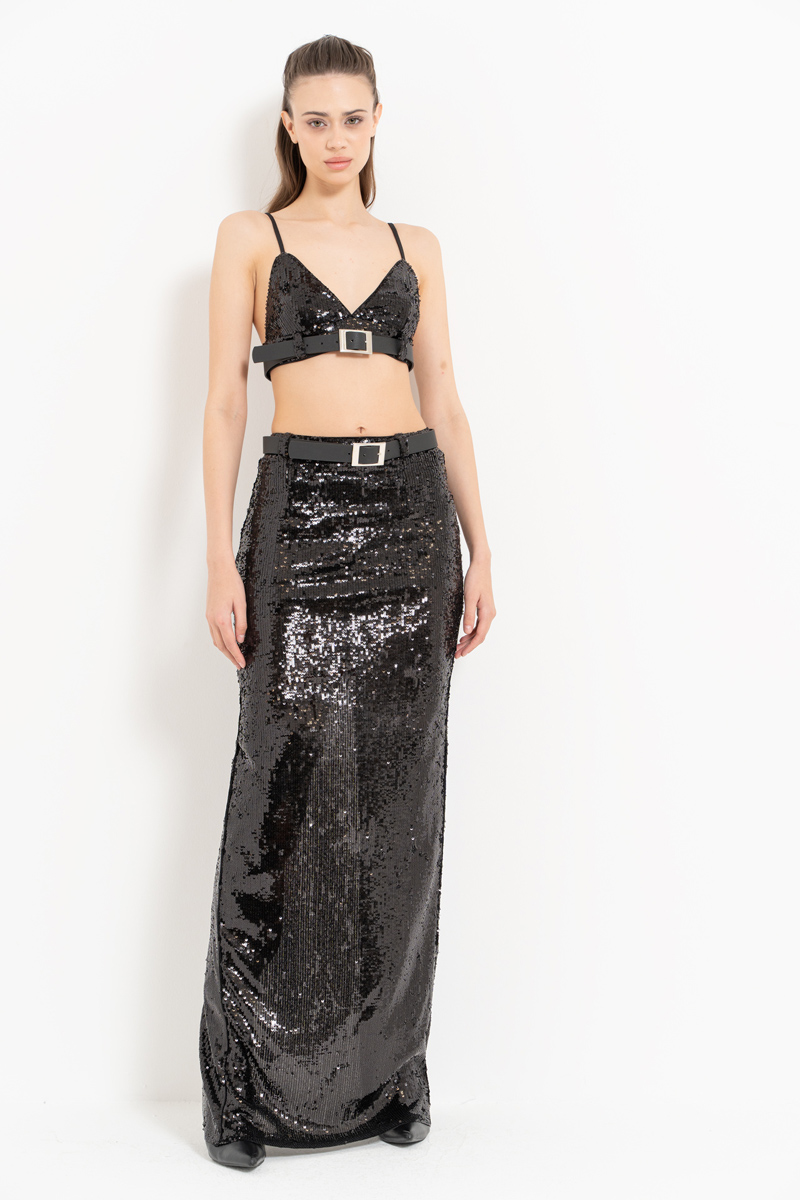 Siyah Kemer Detaylı Pullu Büstiyer & Uzun Etek Takım