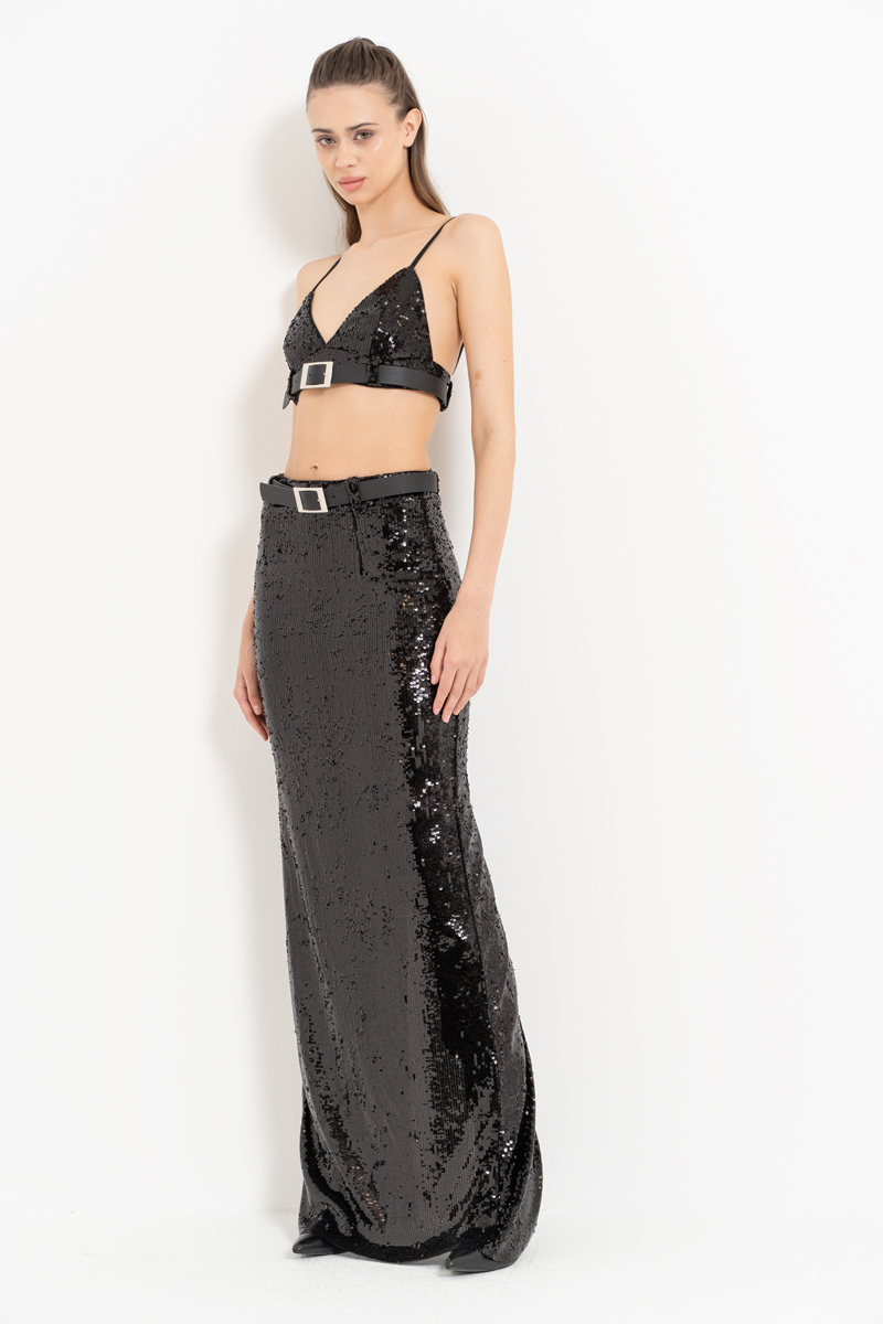 Siyah Kemer Detaylı Pullu Büstiyer & Uzun Etek Takım