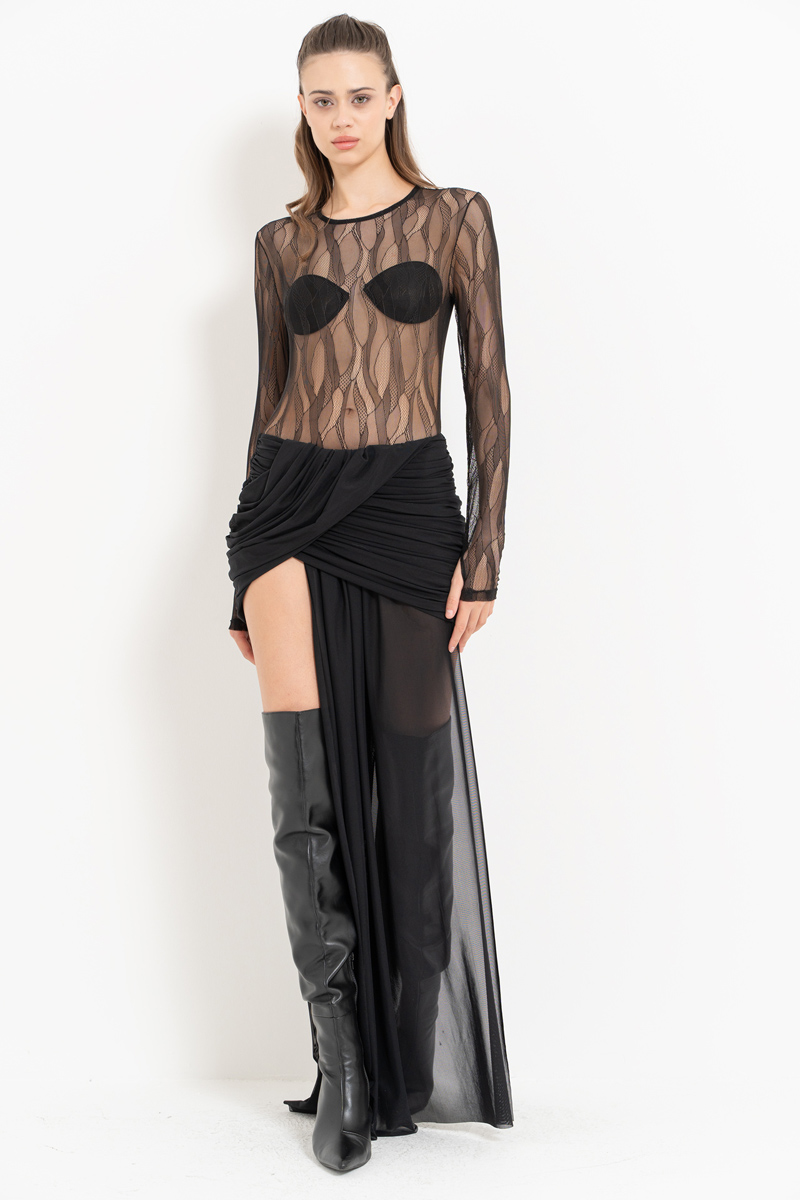 Siyah Çıt Çıtlı Transparan File Bodysuit