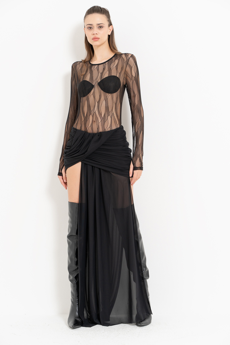 Siyah Çıt Çıtlı Transparan File Bodysuit