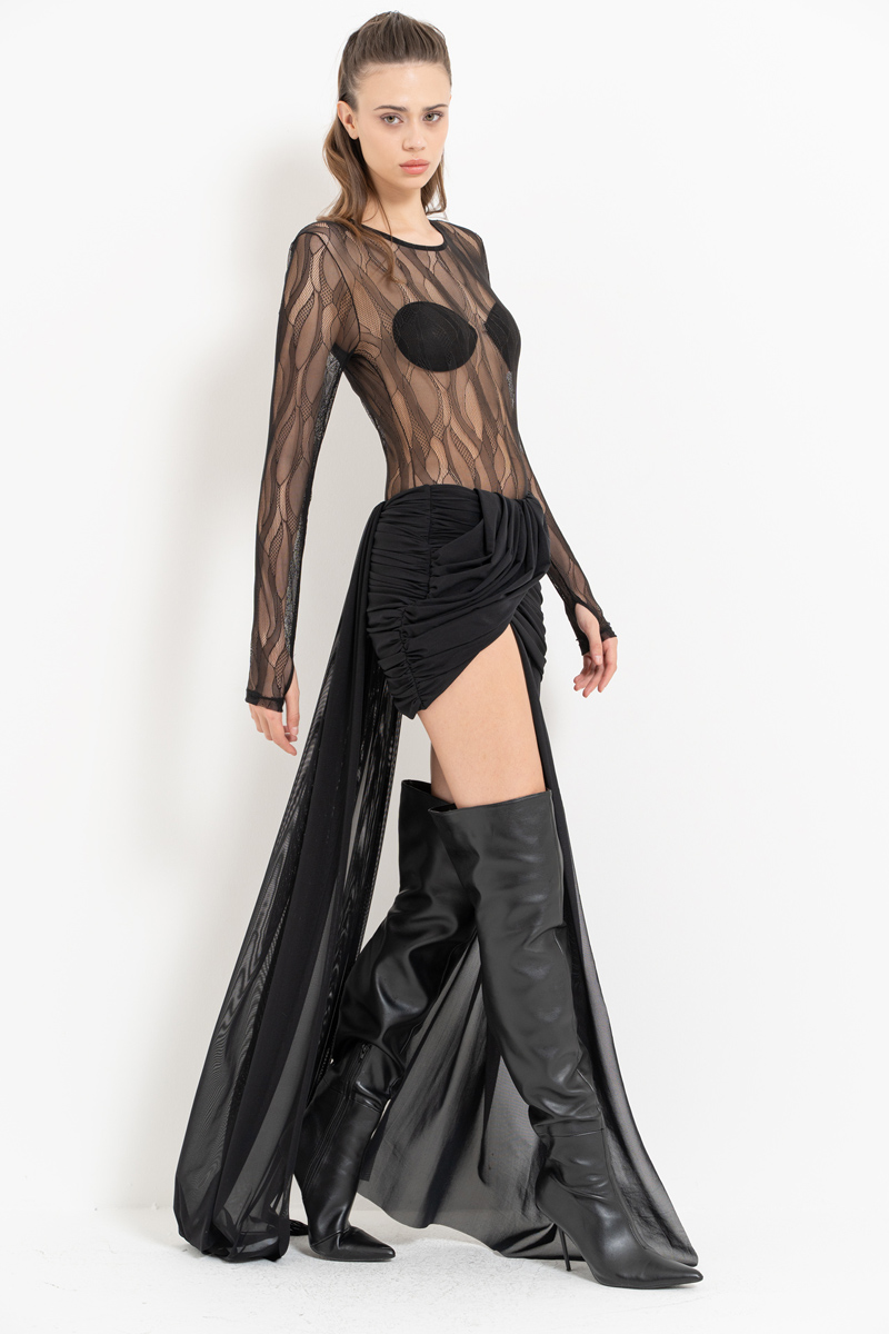 Siyah Çıt Çıtlı Transparan File Bodysuit