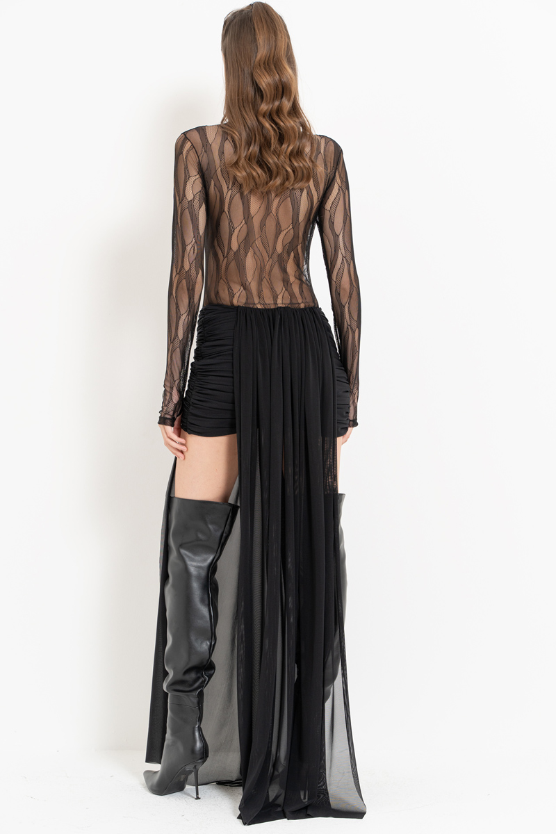 Siyah Çıt Çıtlı Transparan File Bodysuit