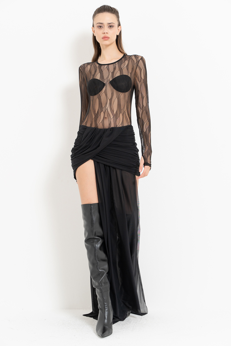 Siyah Çıt Çıtlı Transparan File Bodysuit