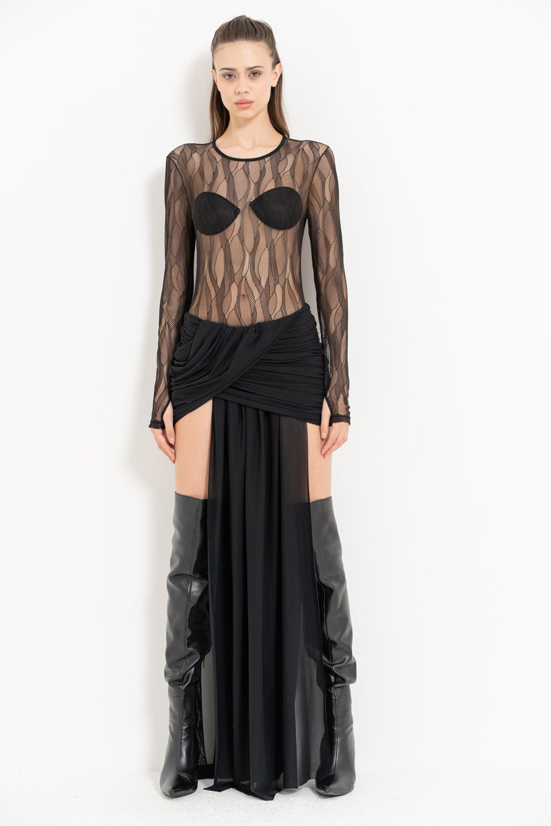 Siyah Çıt Çıtlı Transparan File Bodysuit