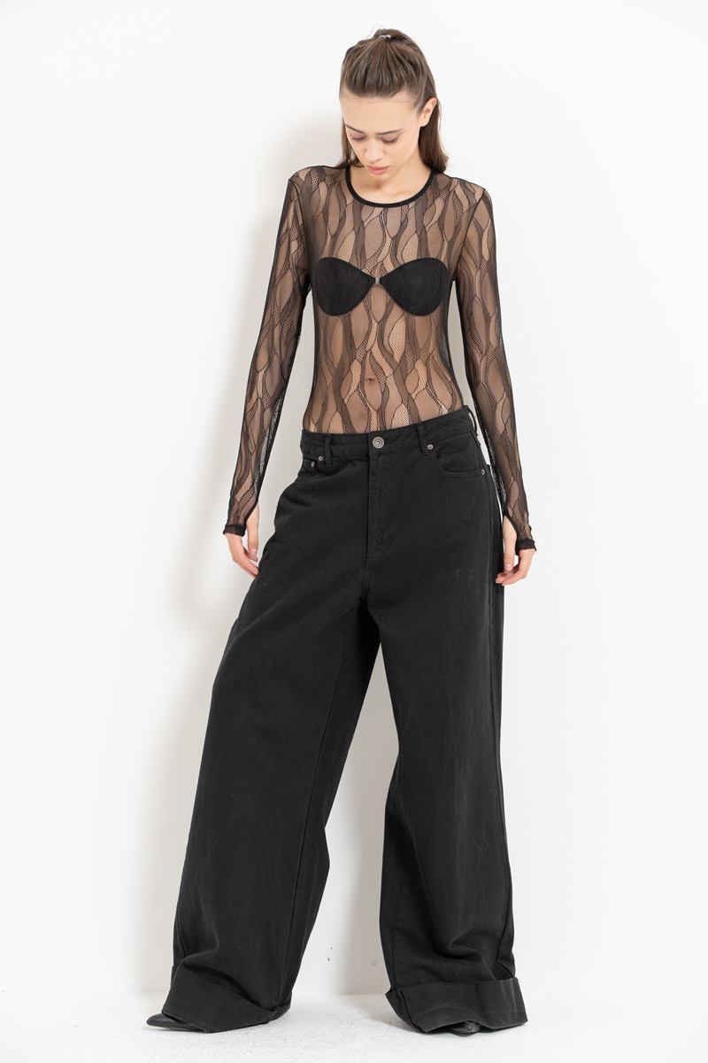 Siyah Çıt Çıtlı Transparan File Bodysuit