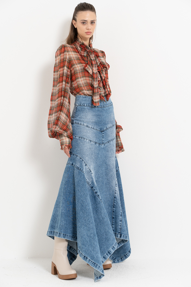 Mavi Parçalı Uzun Kot Etek