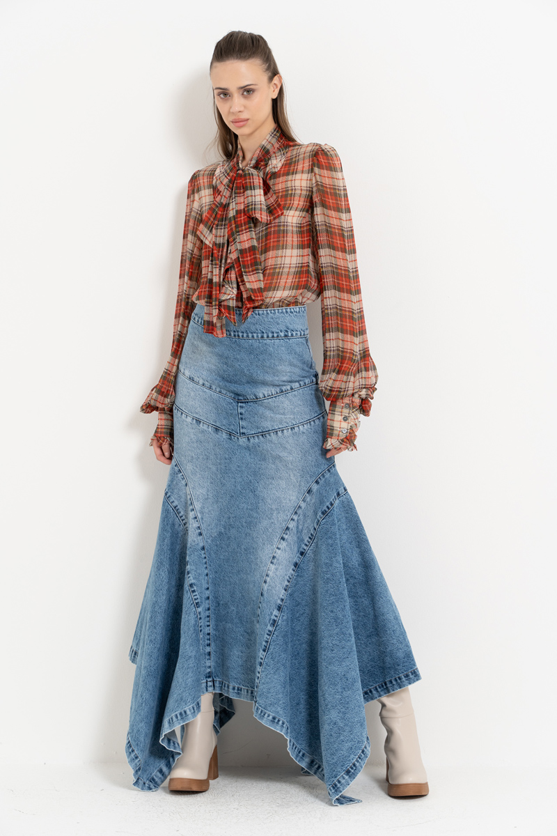 Mavi Parçalı Uzun Kot Etek