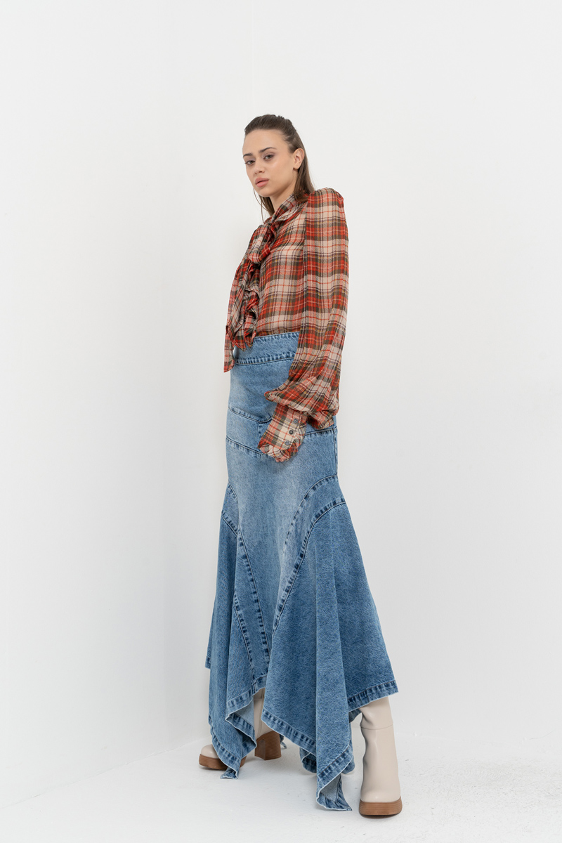 Mavi Parçalı Uzun Kot Etek