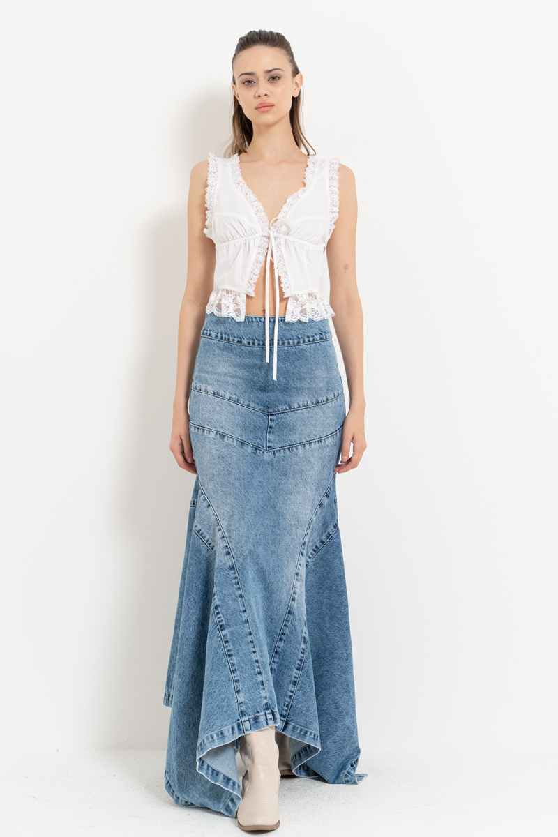 Mavi Parçalı Uzun Kot Etek