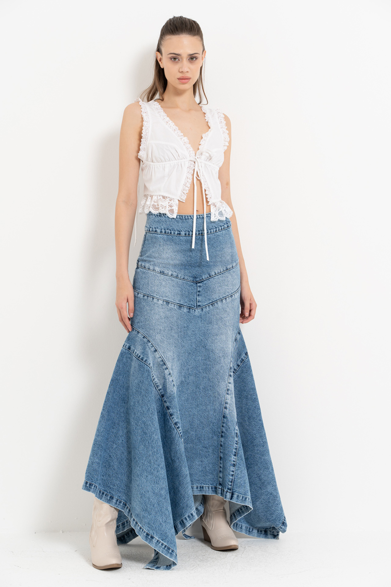 Mavi Parçalı Uzun Kot Etek