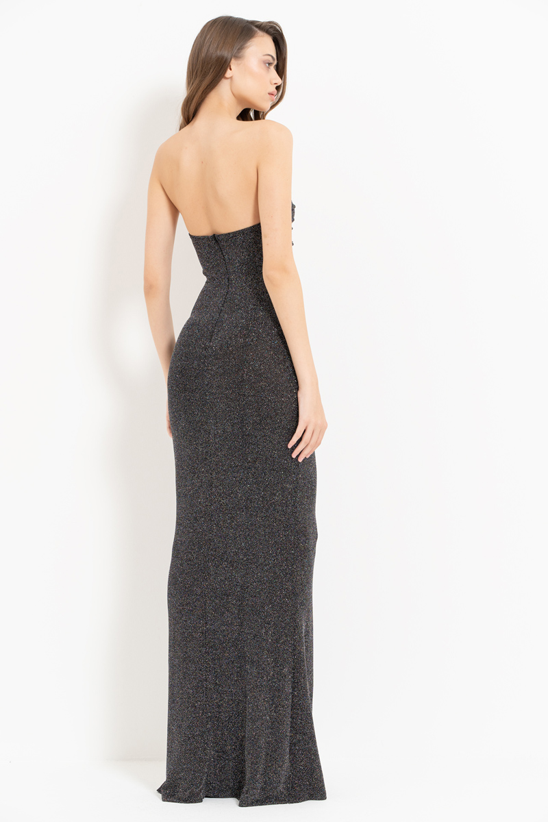 Siyah-Gümüş Straplez Simli Uzun Elbise