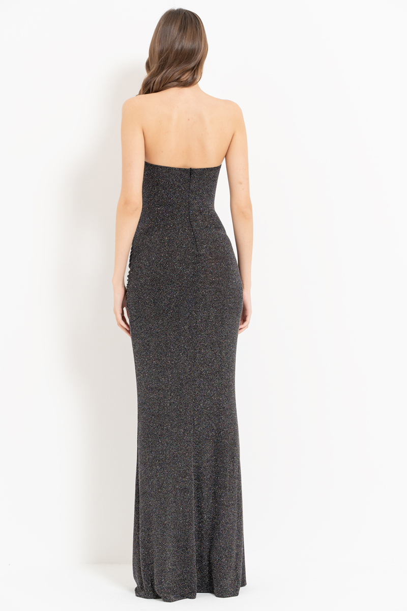 Siyah-Gümüş Straplez Simli Uzun Elbise