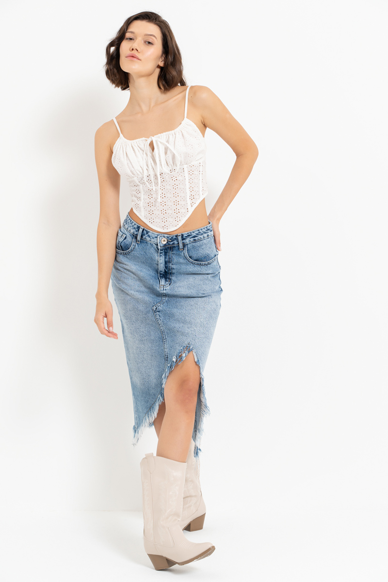 Mavi Yırtık Detaylı Midi Kot Etek