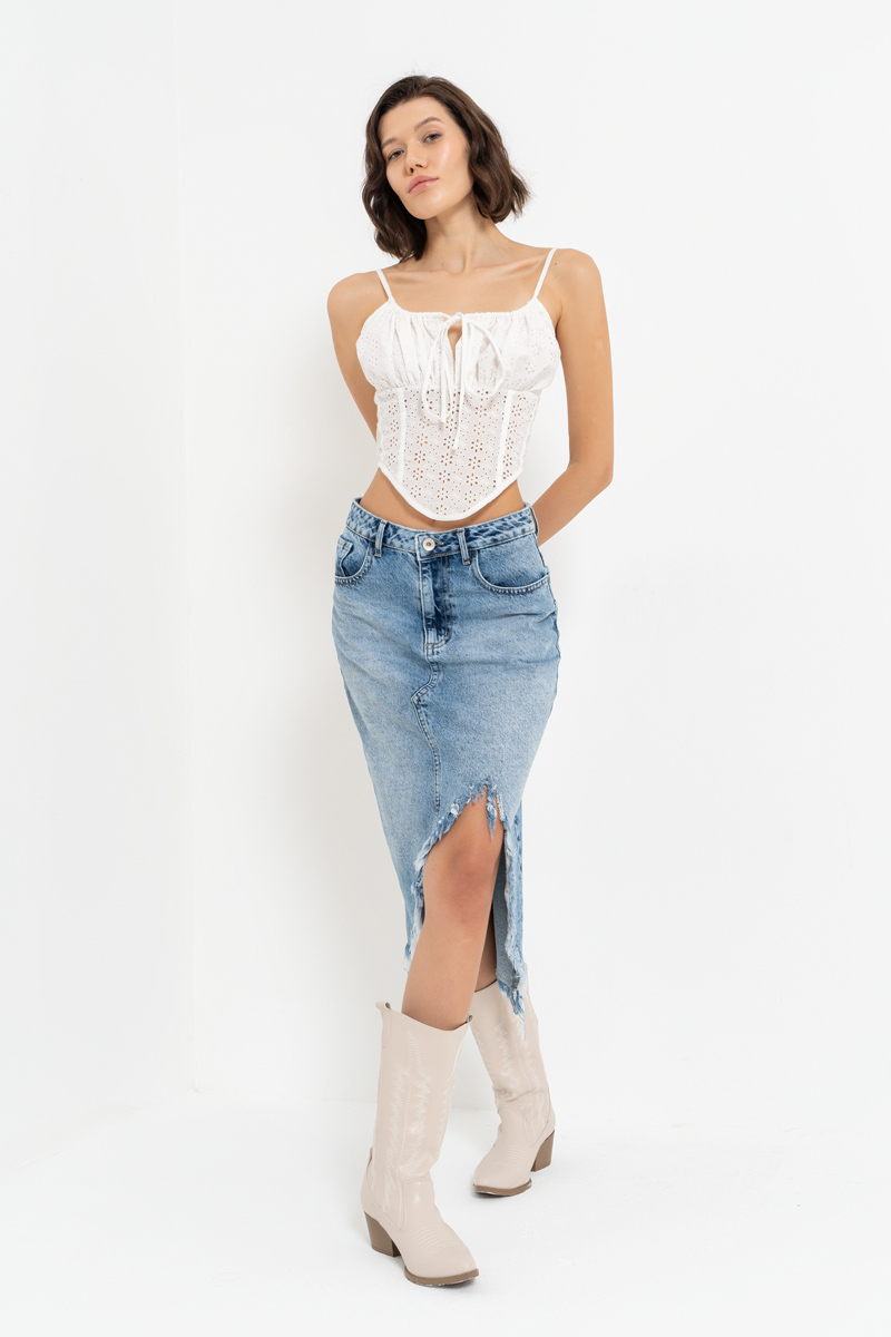 Mavi Yırtık Detaylı Midi Kot Etek