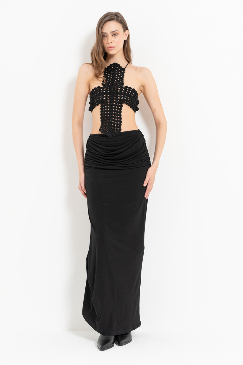 Siyah Büzgülü Uzun Etek