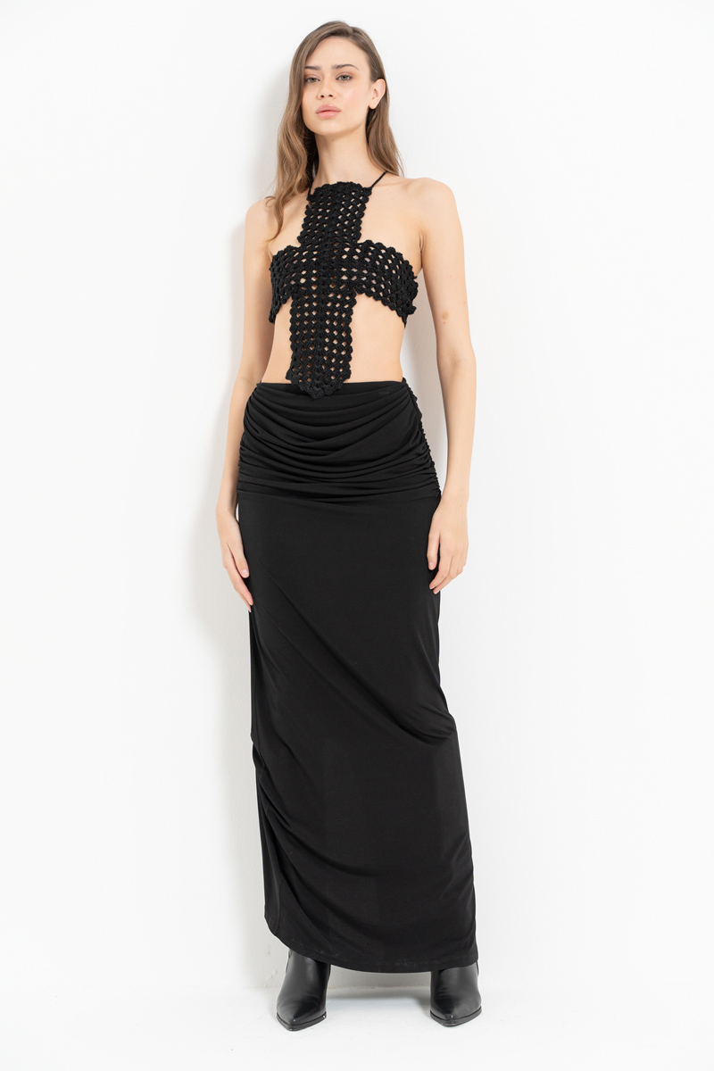 Siyah Büzgülü Uzun Etek