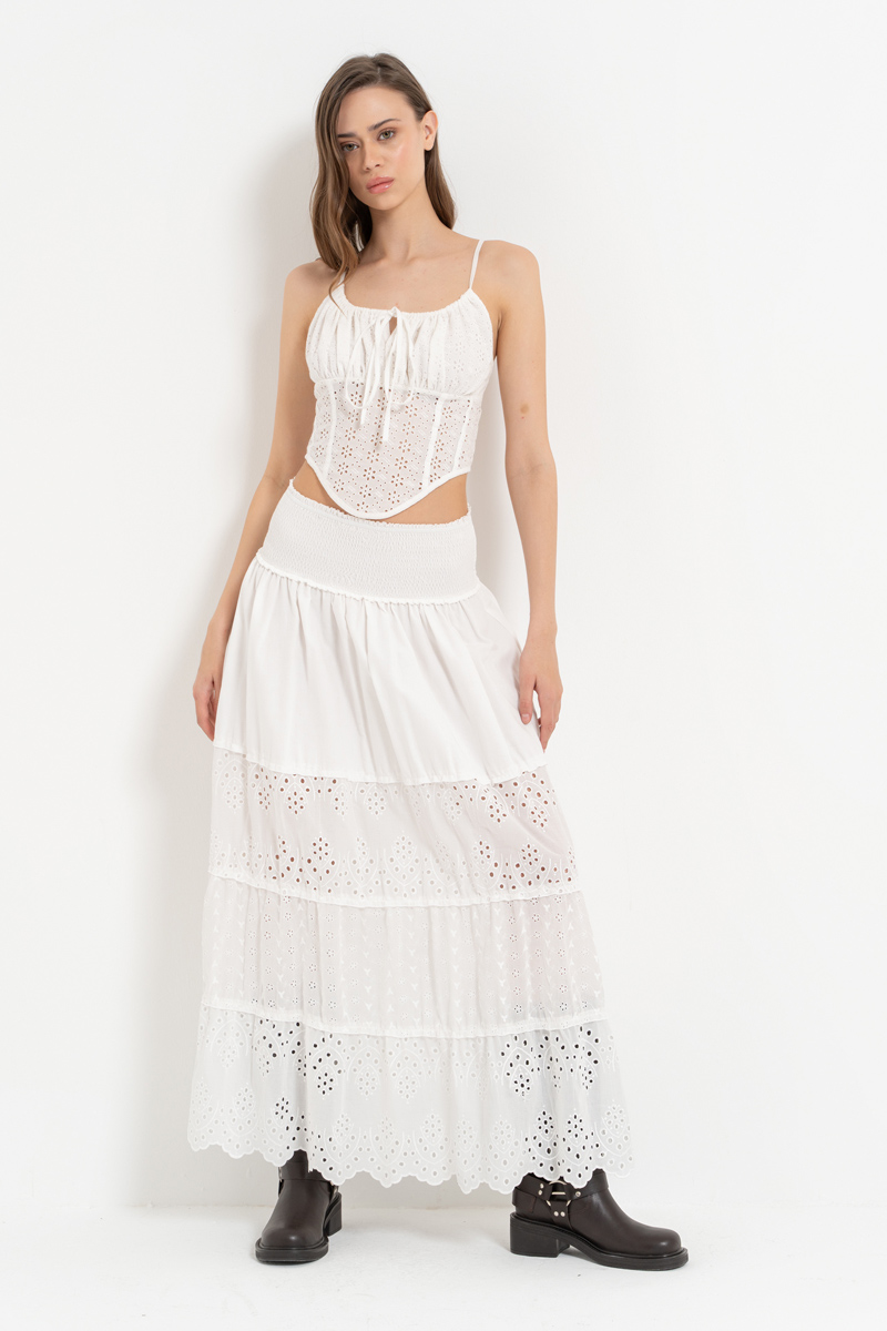 Off white Beli Lastikli Brode Uzun Etek