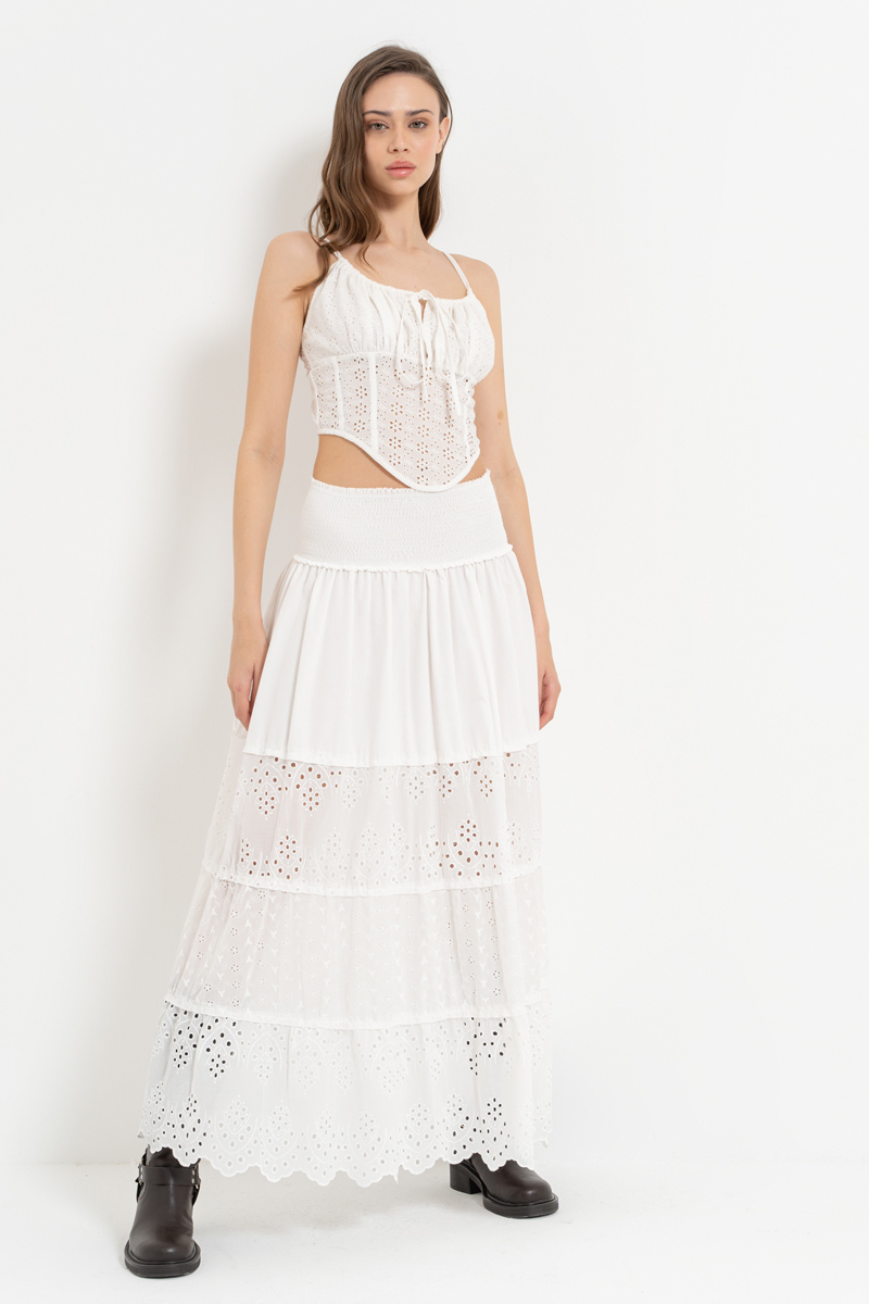 Off white Beli Lastikli Brode Uzun Etek