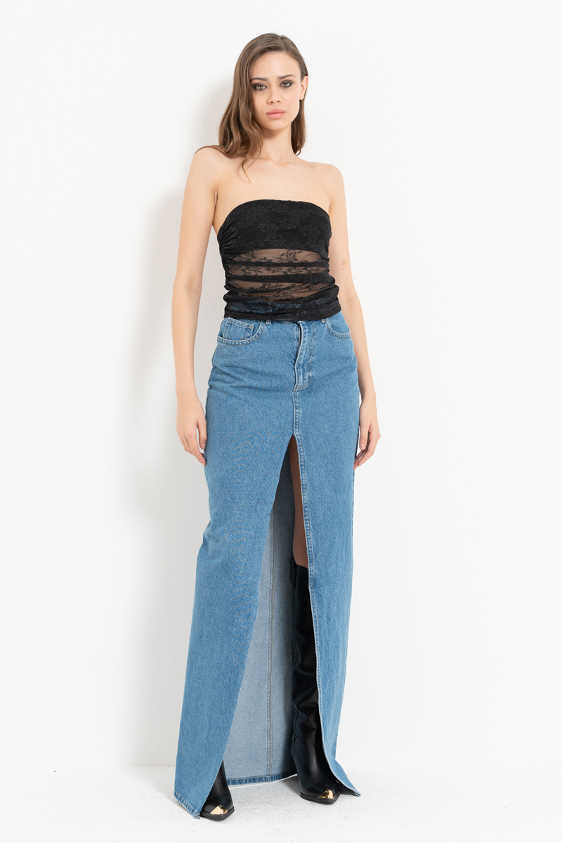 Mavi Önden Yırtmaçlı Maxi Kot Etek