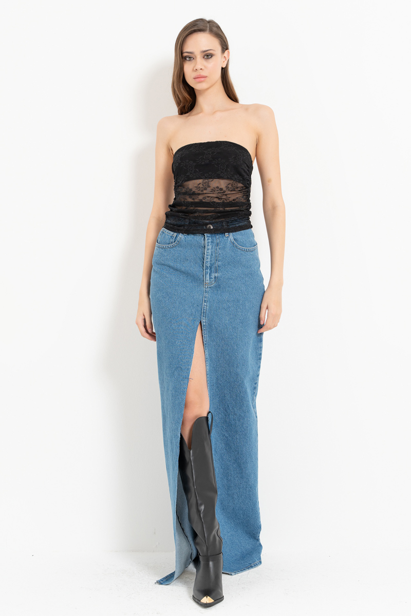 Mavi Önden Yırtmaçlı Maxi Kot Etek