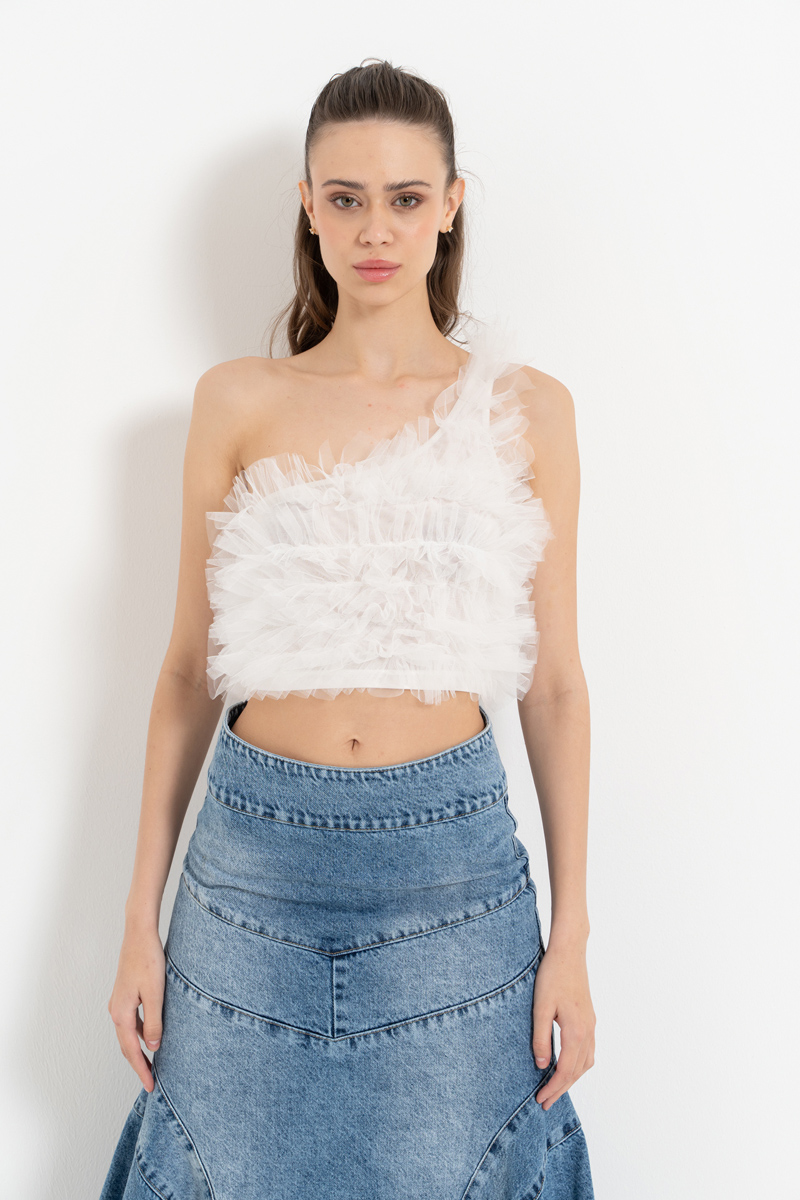 Off white Tek Omuz Fırfırlı Büstiyer