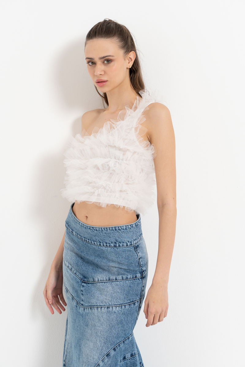 Off white Tek Omuz Fırfırlı Büstiyer