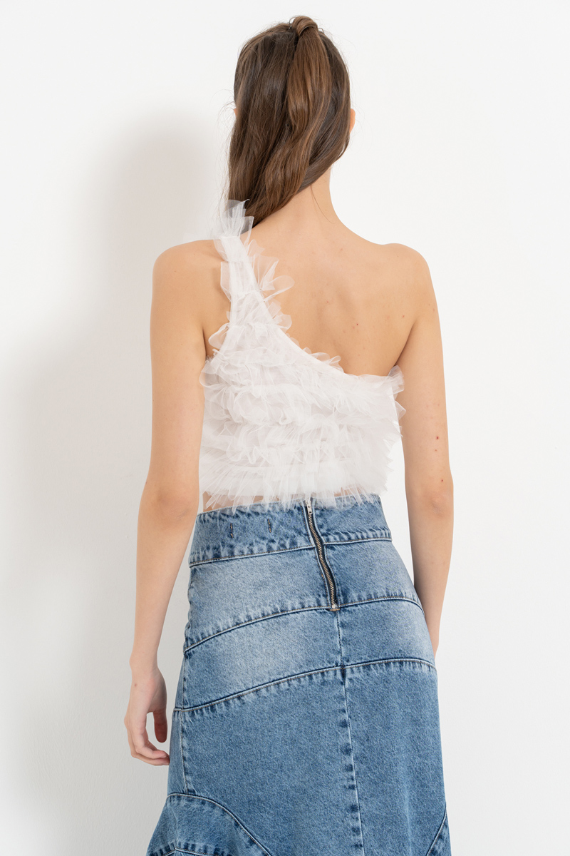 Off white Tek Omuz Fırfırlı Büstiyer