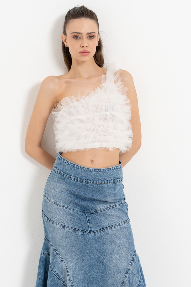 Off white Tek Omuz Fırfırlı Büstiyer