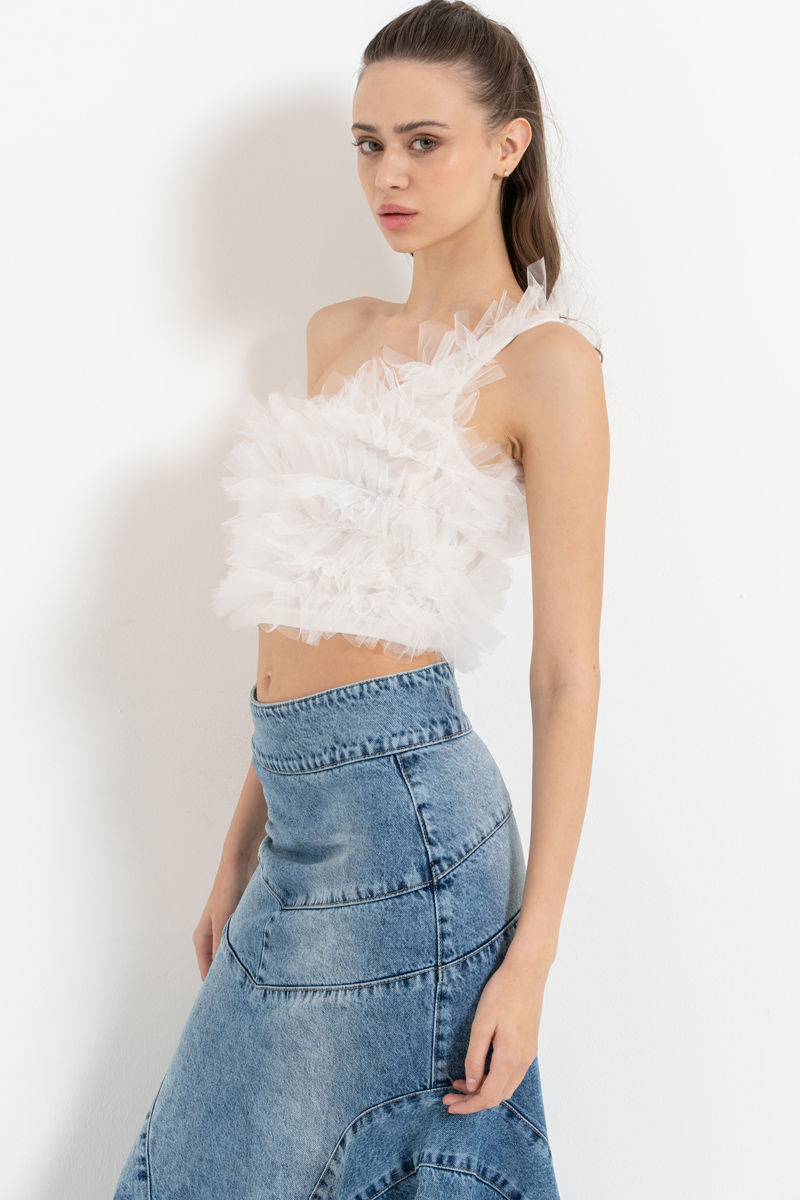 Off white Tek Omuz Fırfırlı Büstiyer