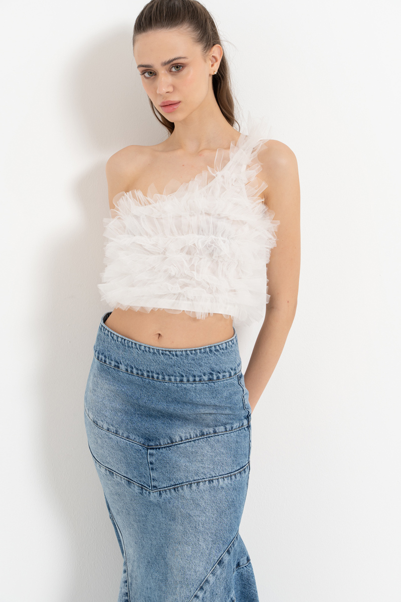 Off white Tek Omuz Fırfırlı Büstiyer