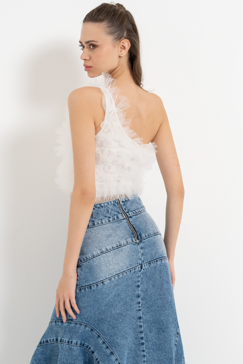 Off white Tek Omuz Fırfırlı Büstiyer