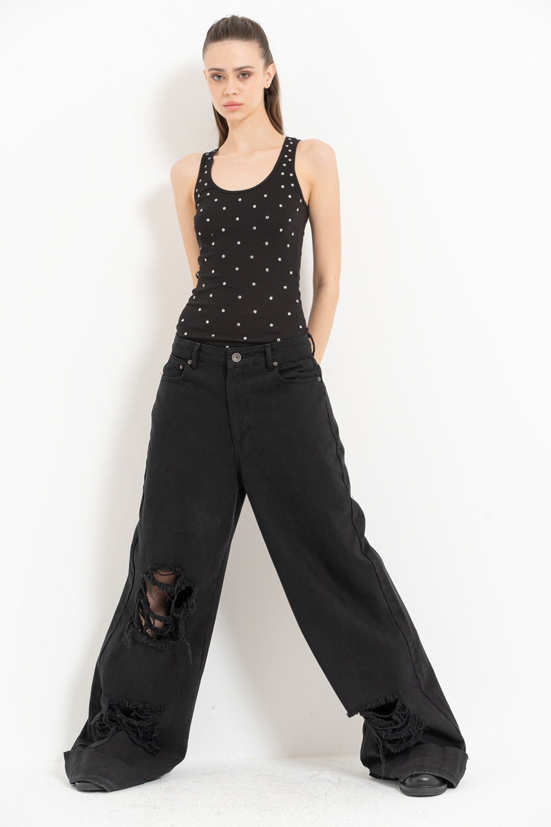 Siyah Taşlı Kolsuz Bluz