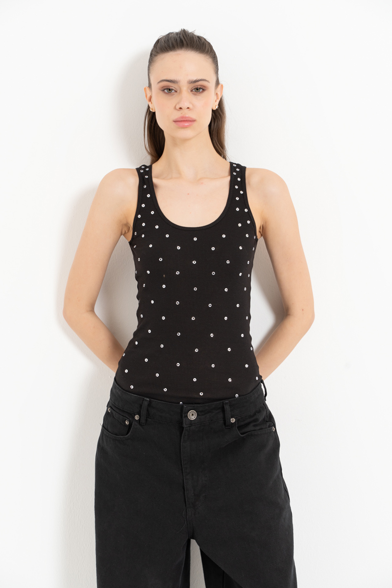 Siyah Taşlı Kolsuz Bluz